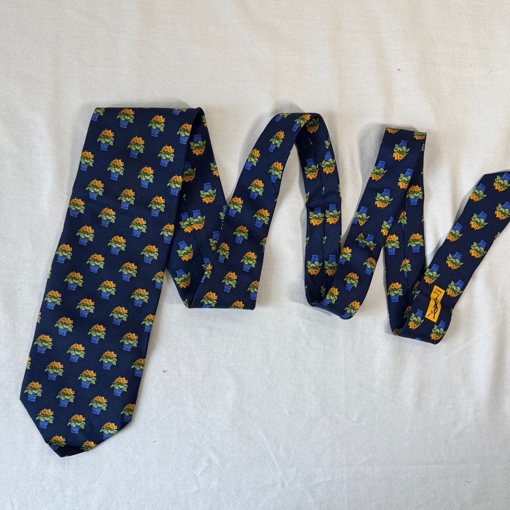 Yves Saint Laurent Navy Tie with Multicolor Floral Pattern